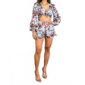 NEW SURELYMINE floral cutout tie front shorts set in light blue